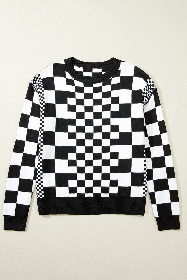 Lana Checkered Drop Shoulder Round Neck Sweater - Choice of Colors (Ships in 2-3 Weeks)