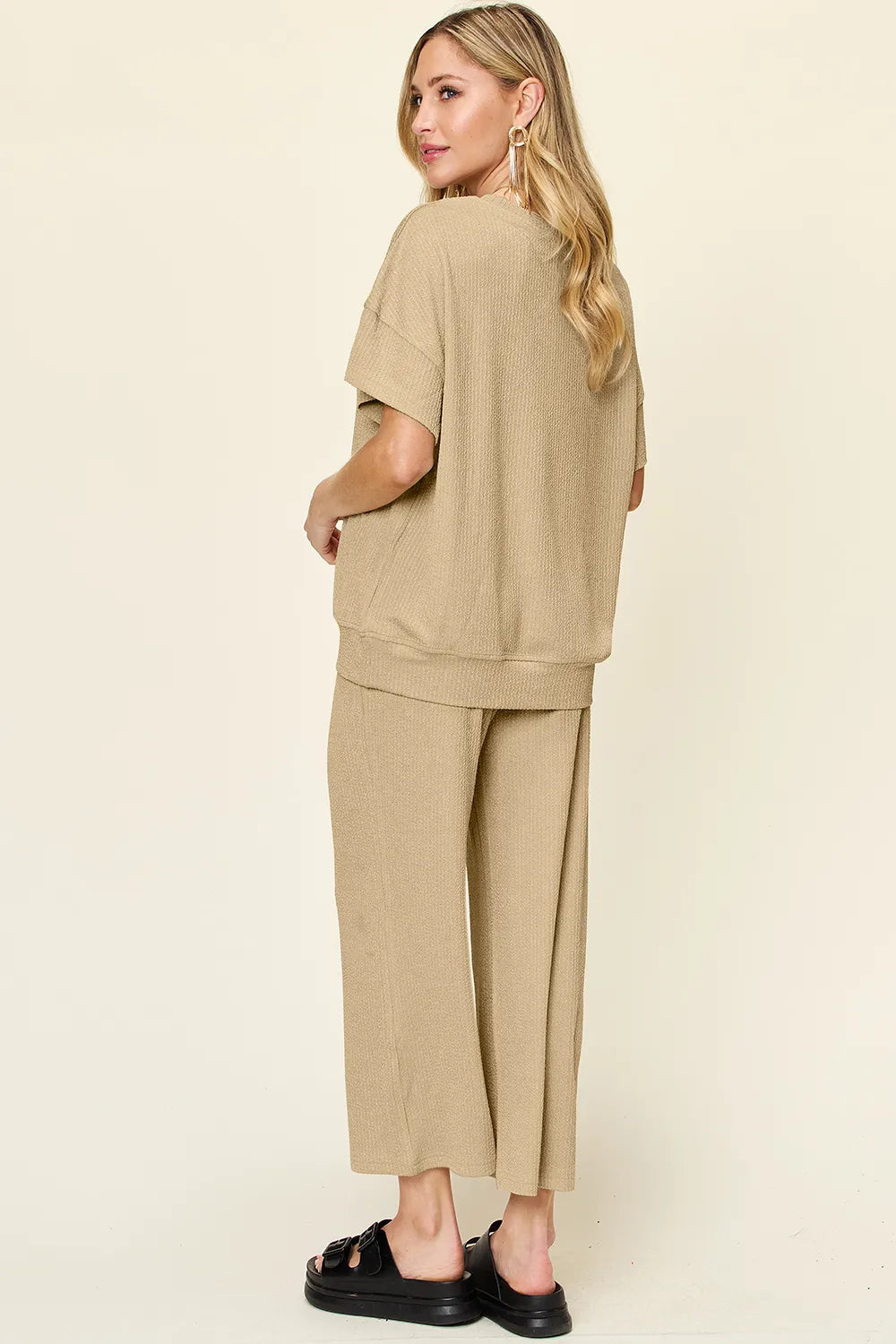 Ribbed Short Sleeve T-Shirt & Wide Leg Pants Set