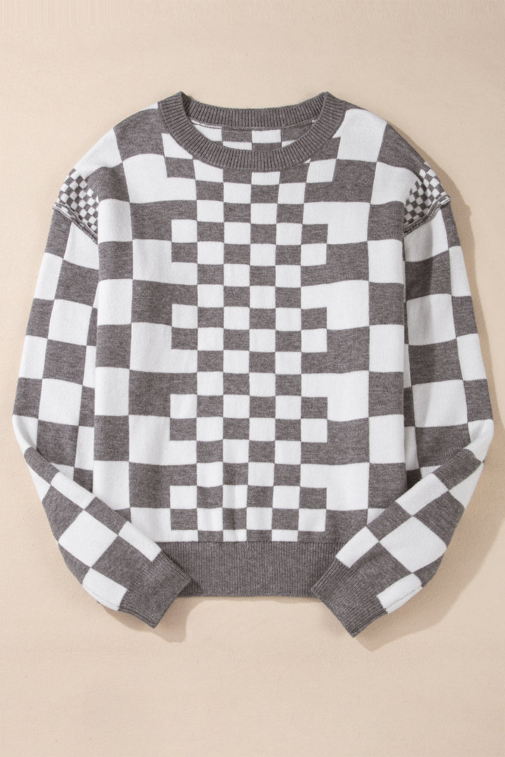 Lana Checkered Drop Shoulder Round Neck Sweater - Choice of Colors (Ships in 2-3 Weeks)