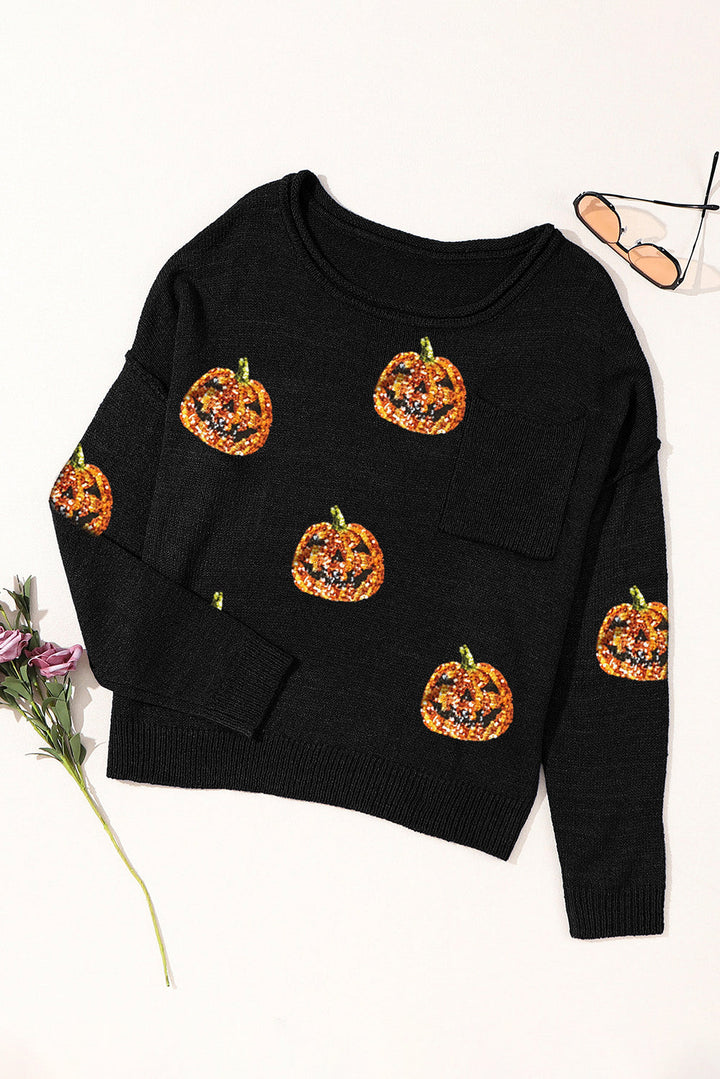 Slouchy Sequin Jack-O-Lantern Loose Knit Sweater (Ships in 2-3 Weeks)