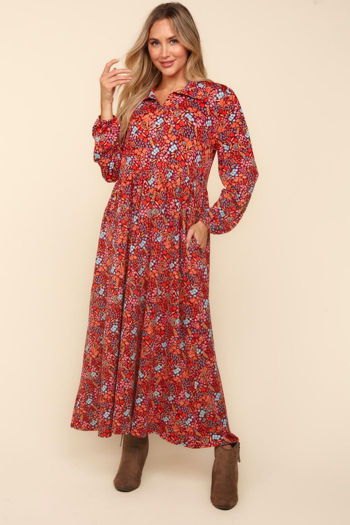 Collared Floral Maxi Dress - Burgundy