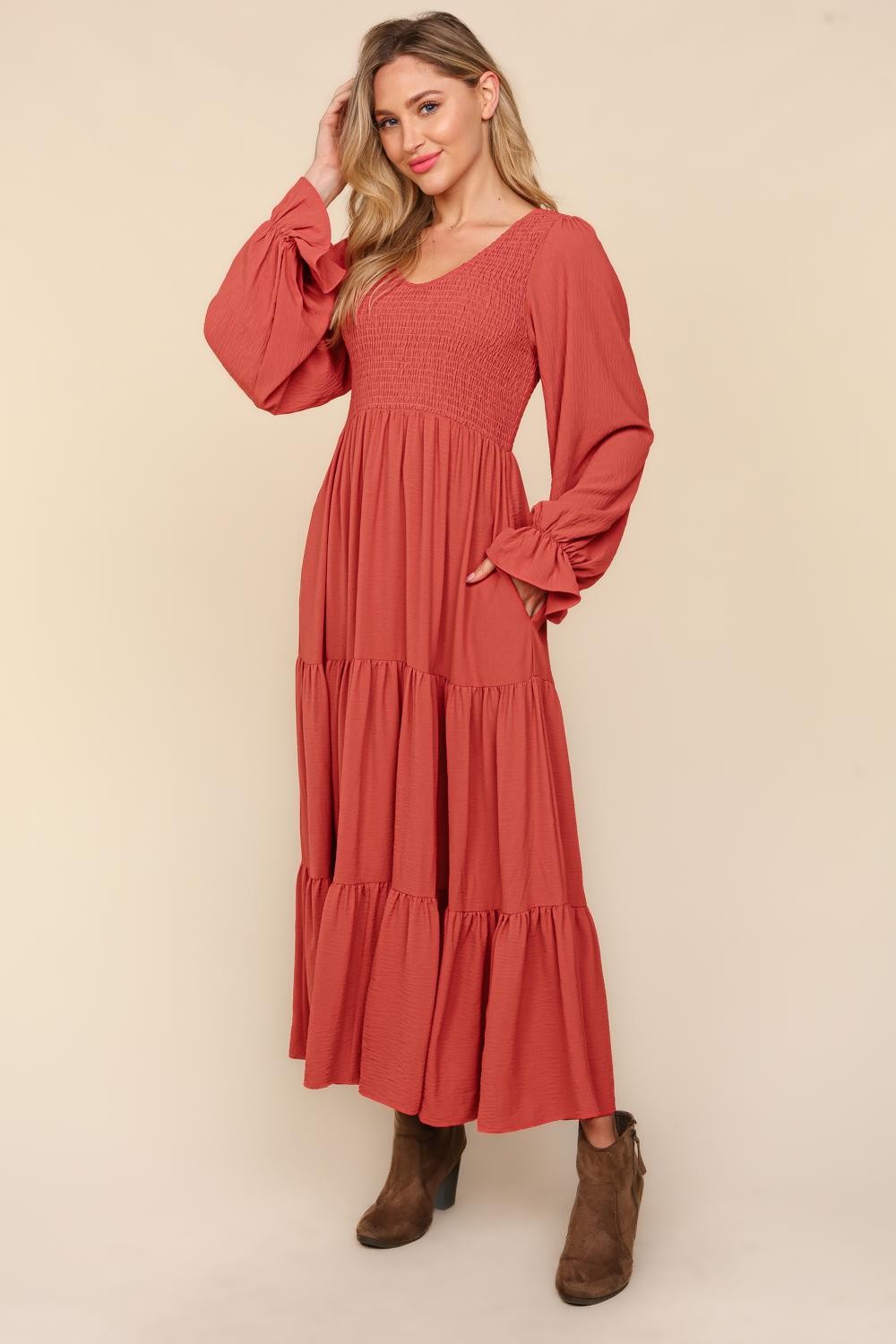 Smocking Woven Bubble Sleeve Maxi Dress - Marsala