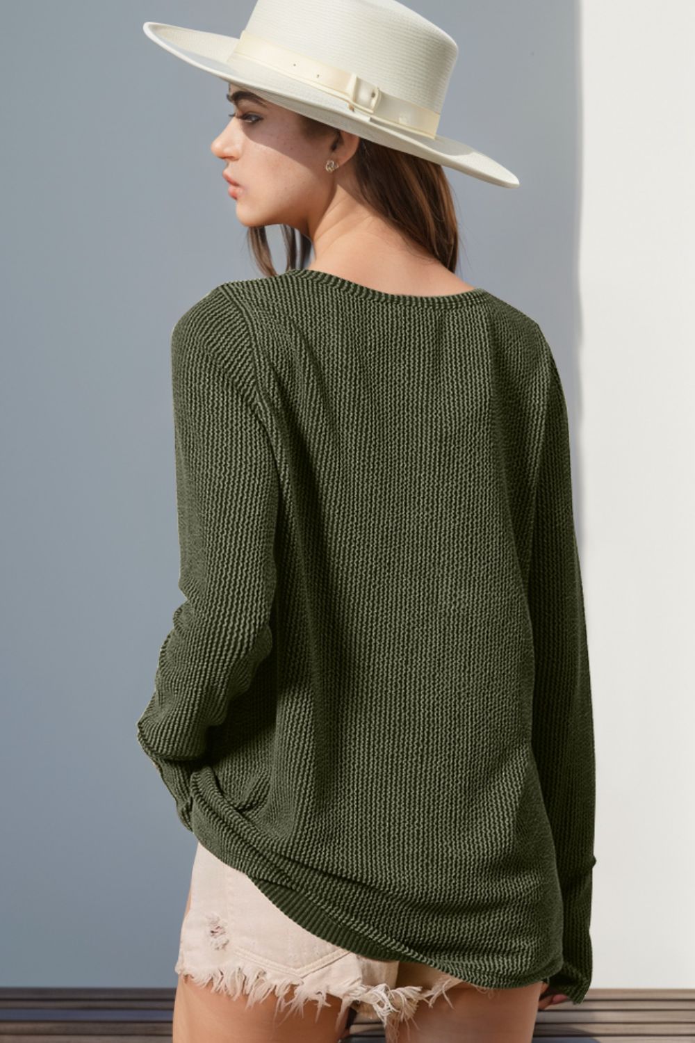 Ribbed Notched Thumbhole Long Sleeve Top by Double Take - Olive (Ships in 2-3 Weeks)