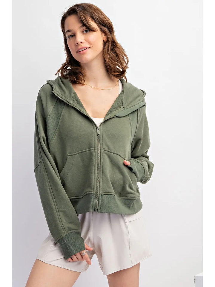 French Terry Full Zip Hoodie by Rae Mode - Light Olive