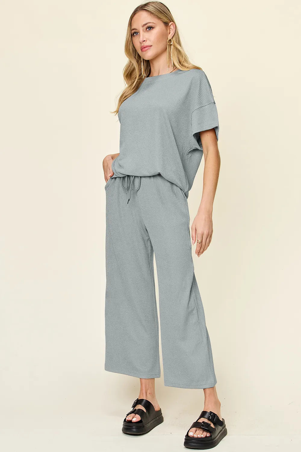 Ribbed Short Sleeve T-Shirt & Wide Leg Pants Set