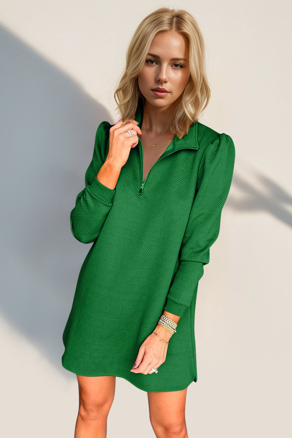 Textured Quarter Zip Long Sleeve Dress by Double Take (Ships in 2-3 Weeks)