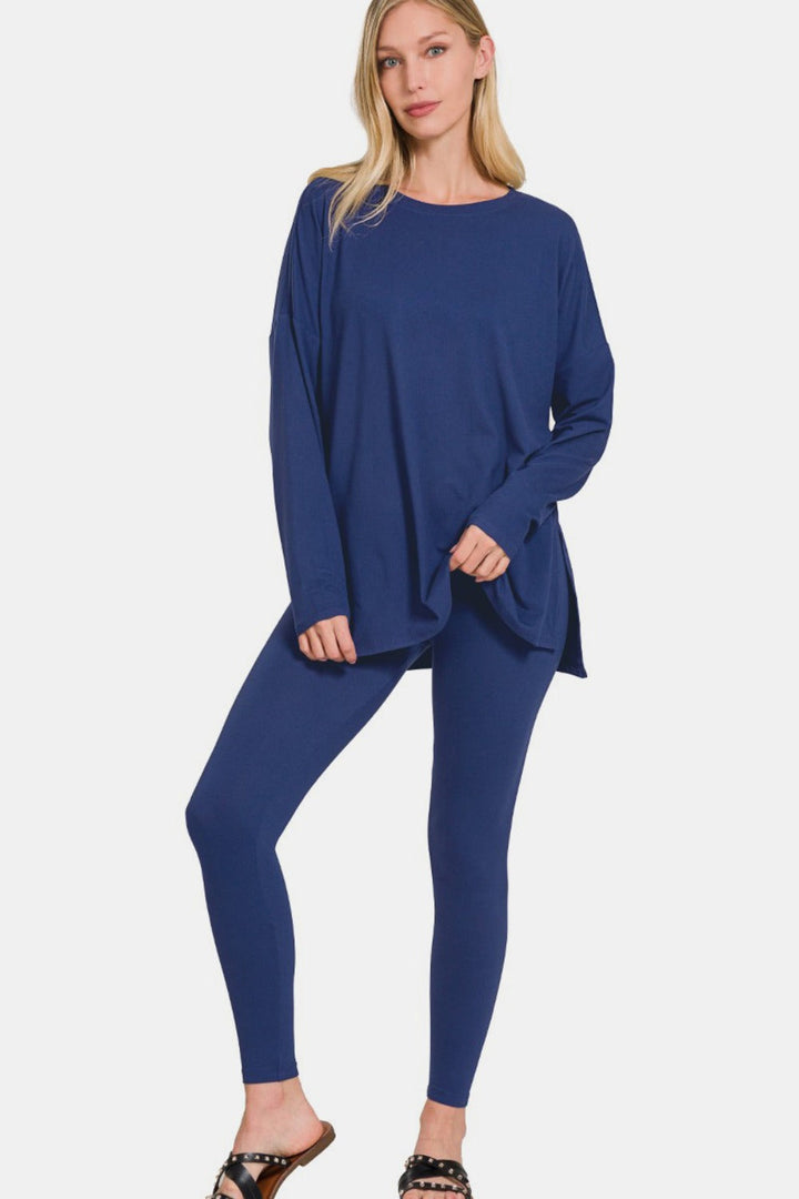 Brushed Microfiber Top and Leggings Lounge Set by Zenana - Navy (Ships in 2-3 Weeks)