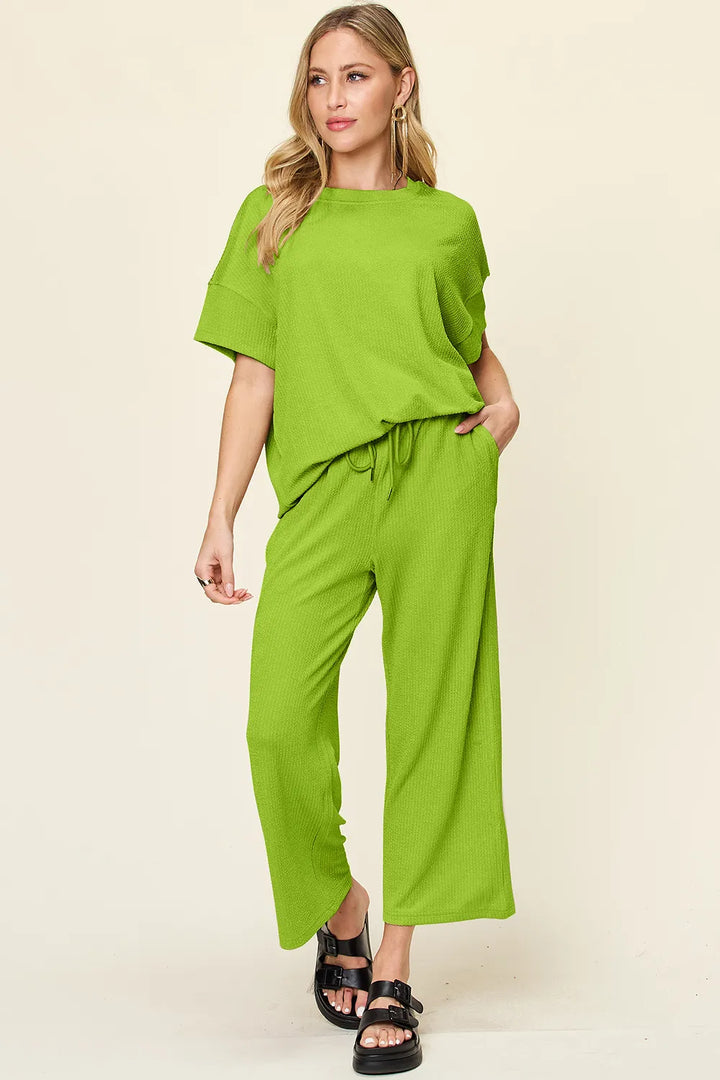 Ribbed Short Sleeve T-Shirt & Wide Leg Pants Set