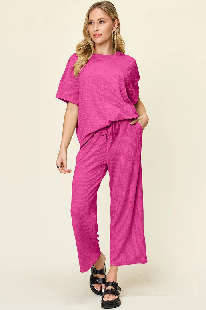 Ribbed Short Sleeve T-Shirt & Wide Leg Pants Set