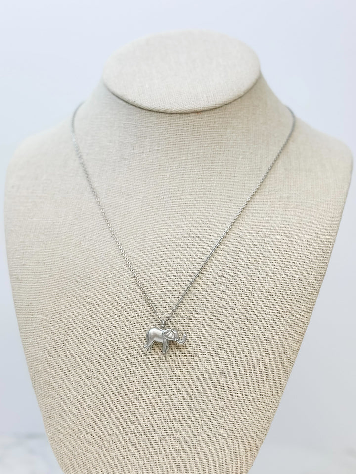 Elephant Pendant Charm Necklace  - Matte Silver