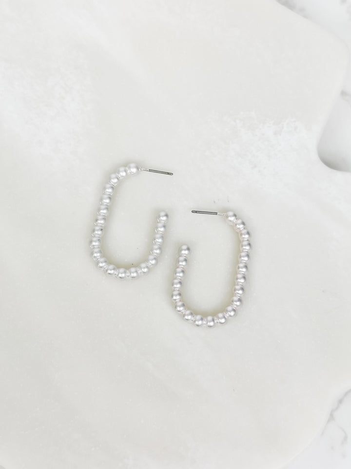 Matte Ball Oval Hoop Earrings - Silver