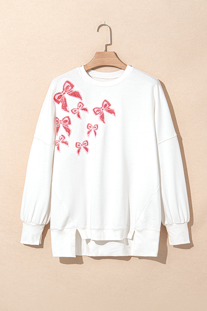 White Sequin Bow High Low Oversize Sweatshirt (Ships in 2-3 Weeks)