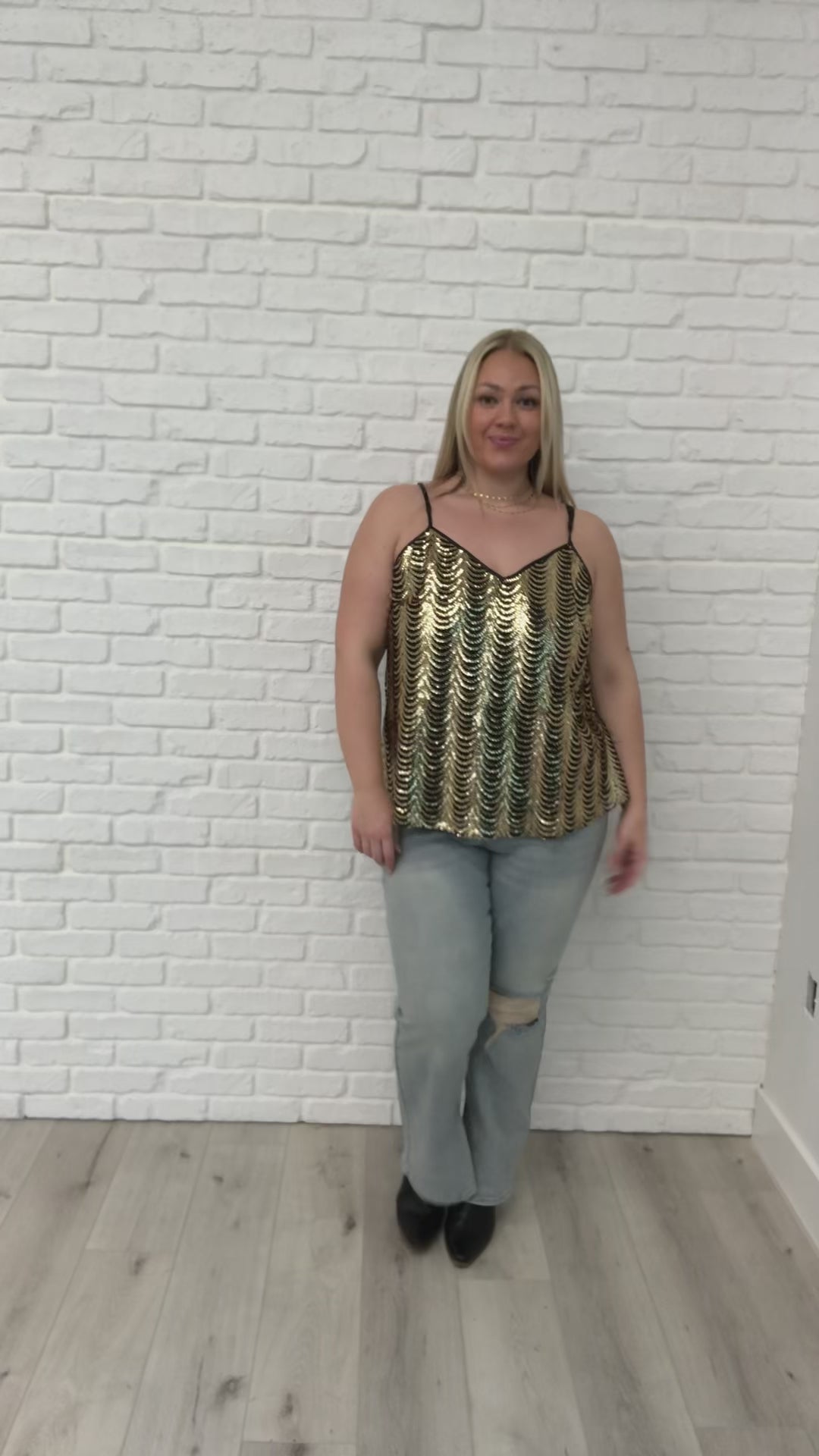 Stayin' Alive V-Neck Sequin Tank in Gold