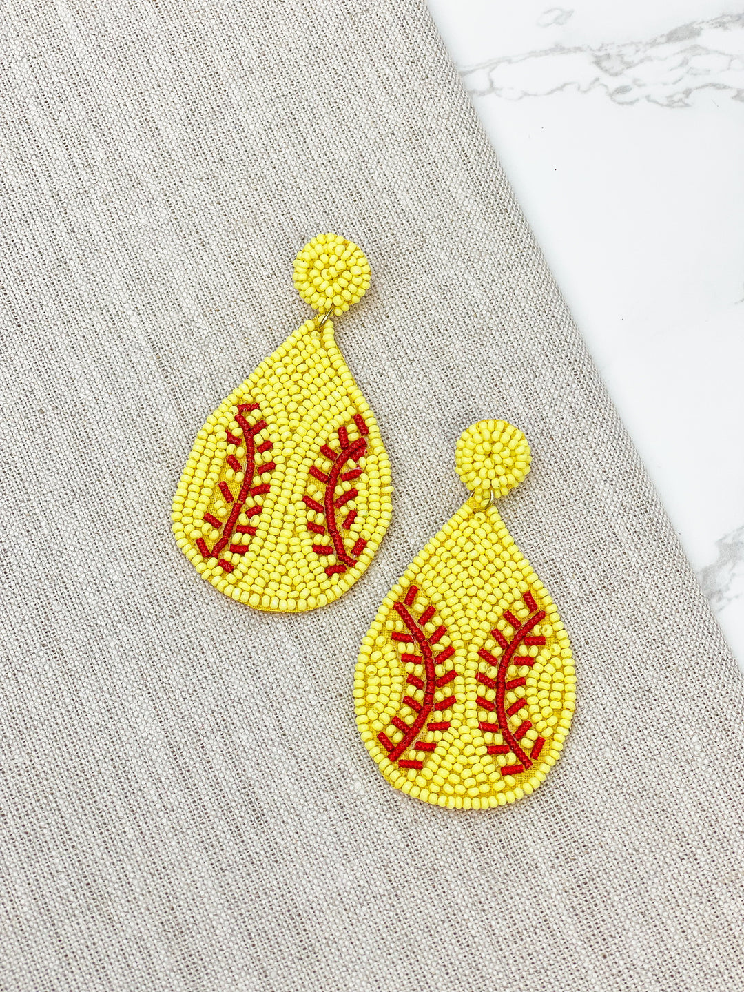 Teardrop Beaded Softball Dangle Earrings