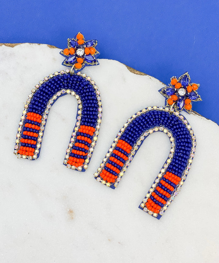 Game Day Beaded Arch Dangle Earrings - Navy & Orange