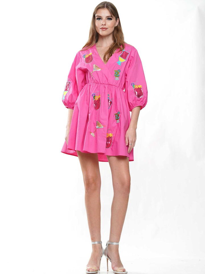 Tropical Cocktail Poplin Dress - Fuchsia