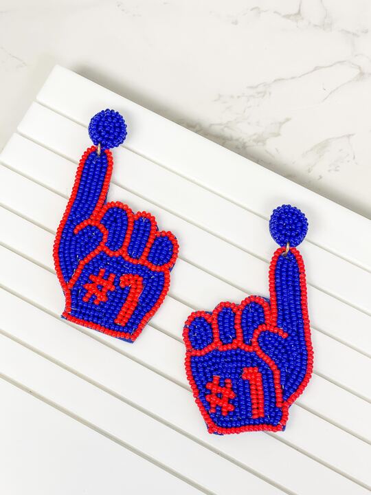 #1 Go Team Foam Finger Beaded Dangle Earrings - Blue & Red