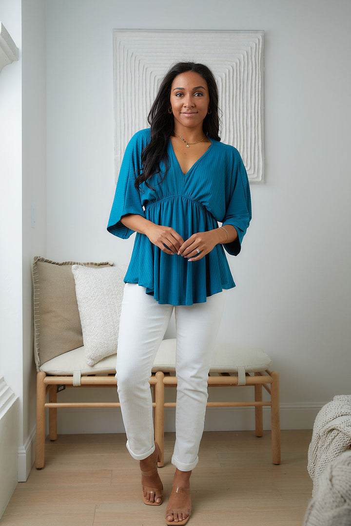 Storied Moments Draped Peplum Top in Teal (Ships in 1-2 Weeks)