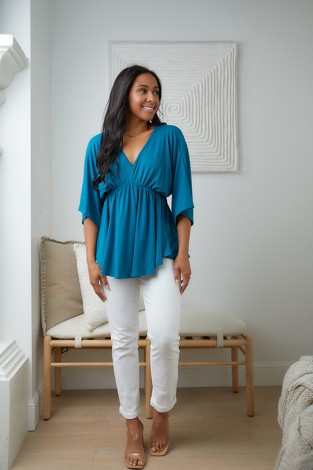 Storied Moments Draped Peplum Top in Teal (Ships in 1-2 Weeks)