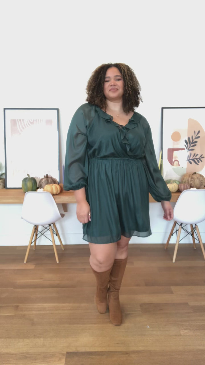 Front And Center Balloon Sleeve Dress in Green