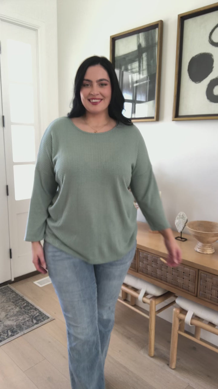 Austin Waffle Knit Basic Top In Sage