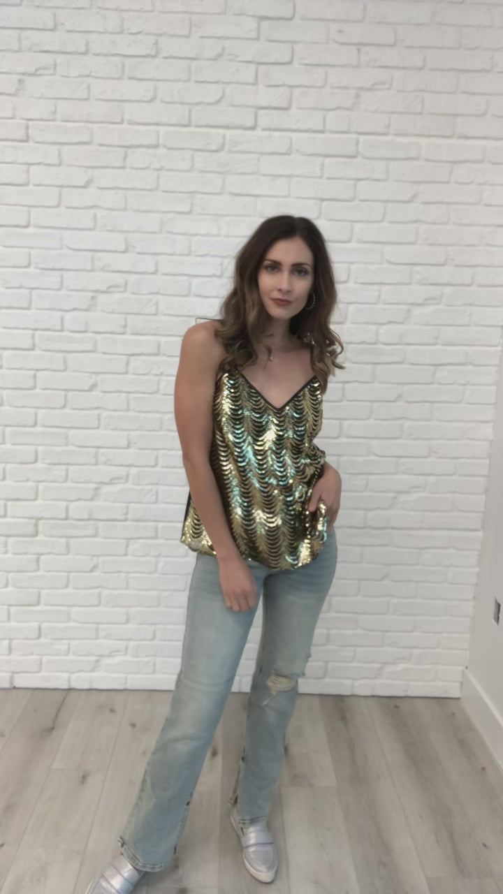 Stayin' Alive V-Neck Sequin Tank in Gold