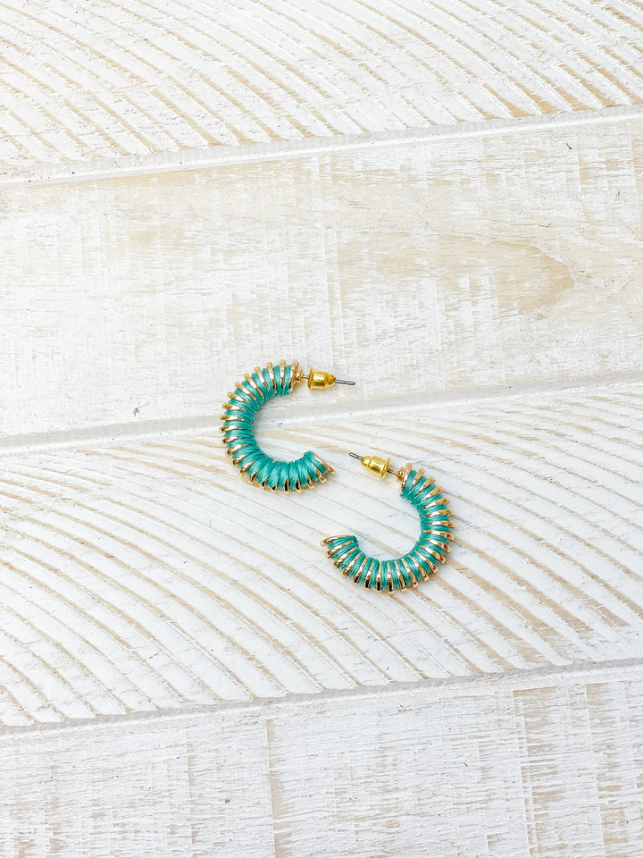 Gold Threaded Hoop Earrings - Aqua