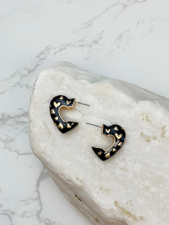 Enamel Heart Gold Mini Hoop Earrings - Jet