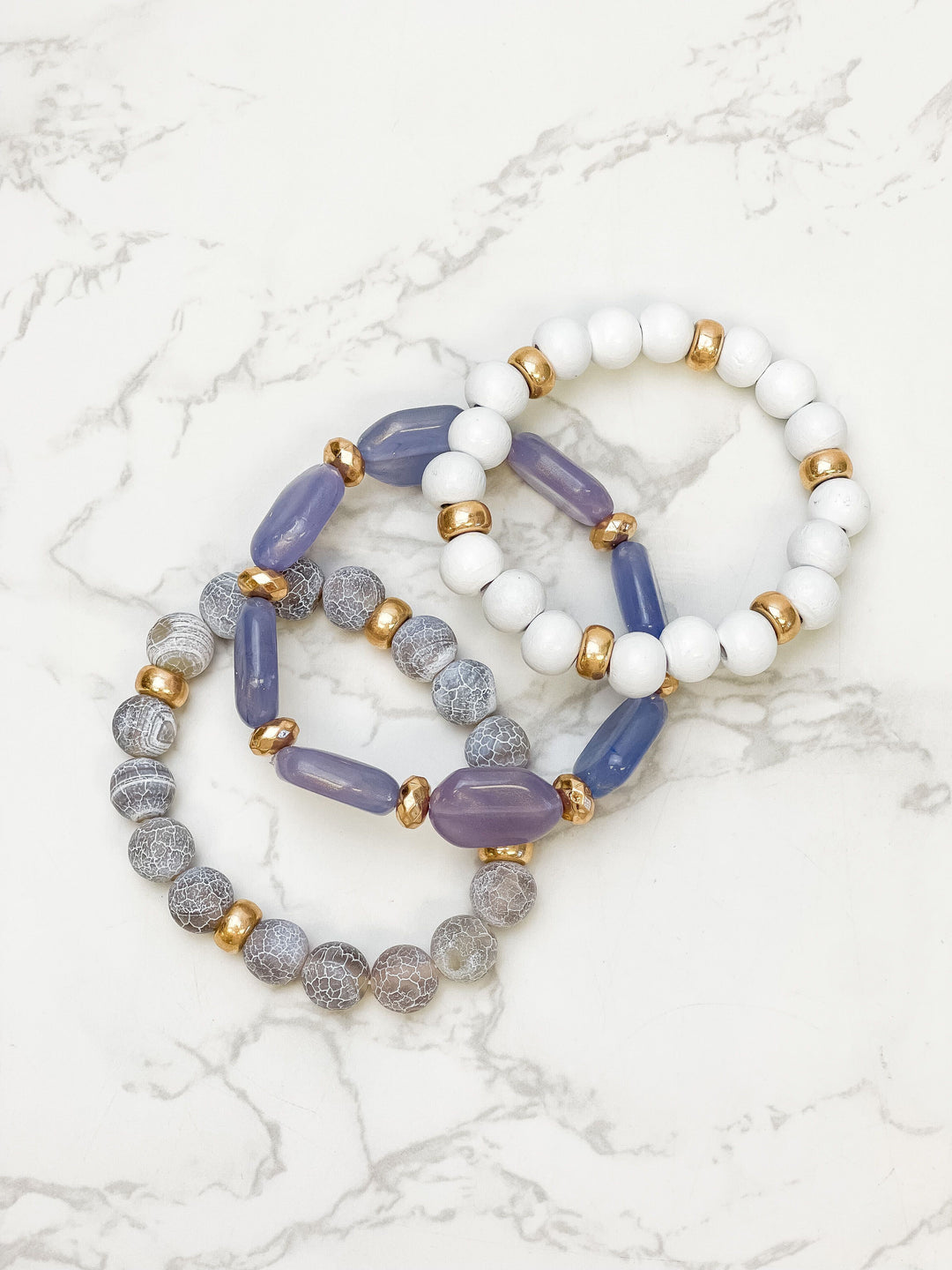 Grey Stone & Wood Beaded Stretch Bracelet Set