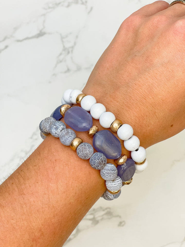 Grey Stone & Wood Beaded Stretch Bracelet Set