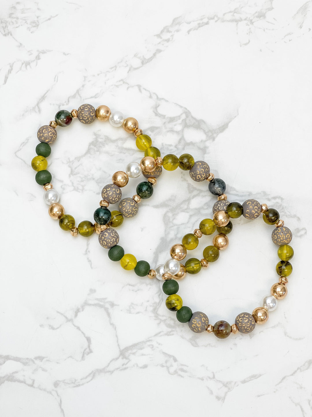 Tortoise Stone & Gold Beaded Stretch Bracelet Set