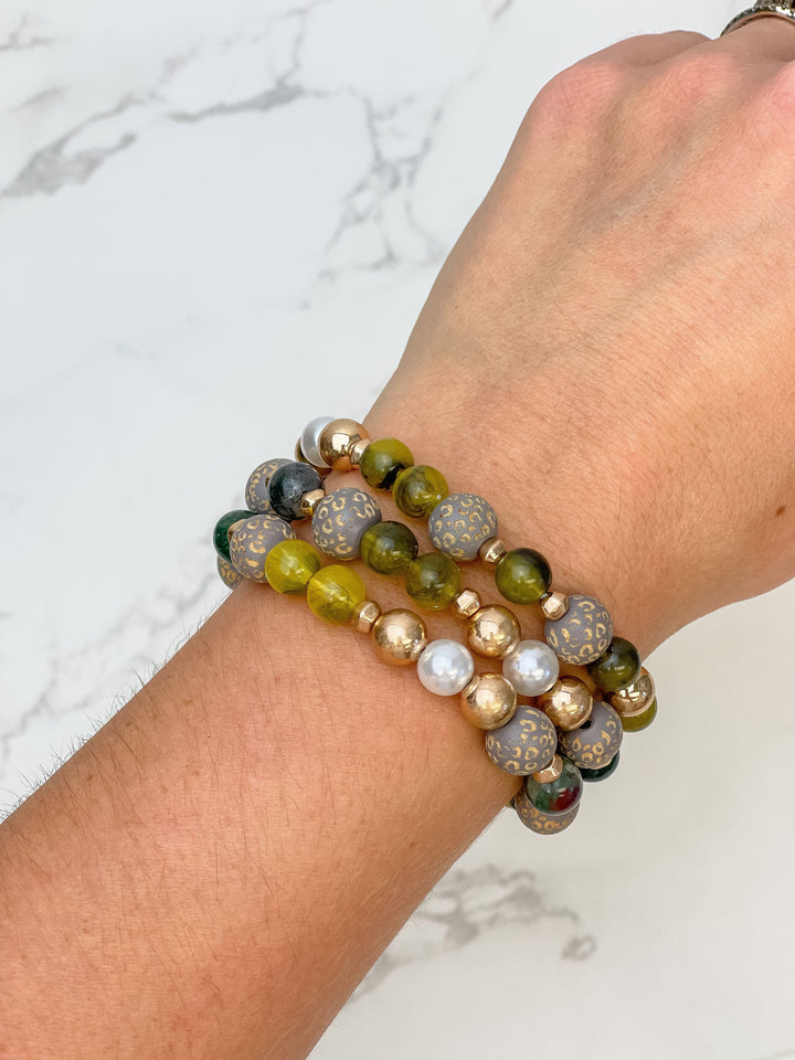 Tortoise Stone & Gold Beaded Stretch Bracelet Set