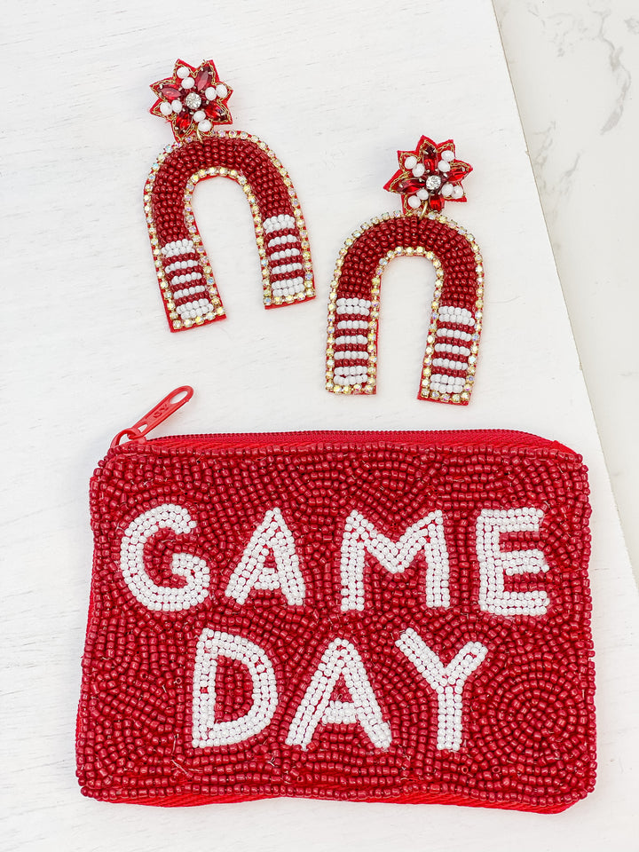 Game Day Beaded Arch Dangle Earrings - Burgundy & White