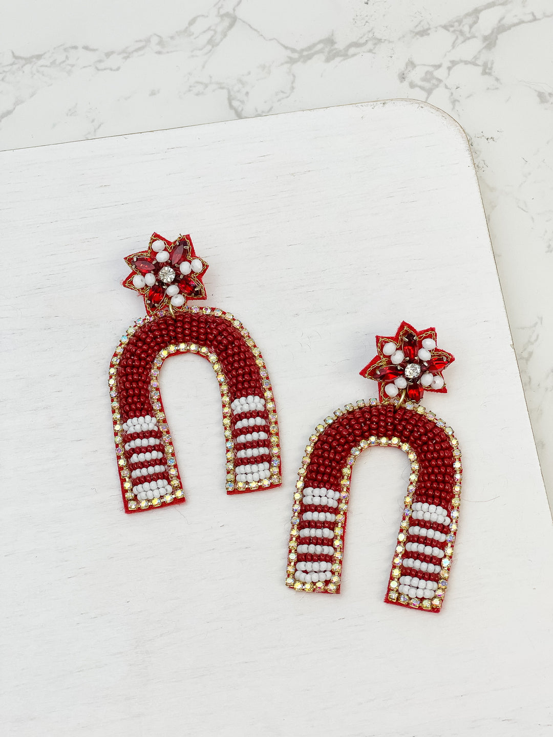 Game Day Beaded Arch Dangle Earrings - Burgundy & White