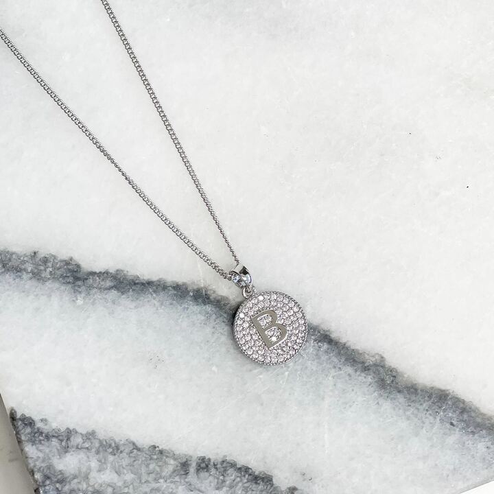 Cubic Zirconia Initial Disc Pendant Necklaces - White Gold