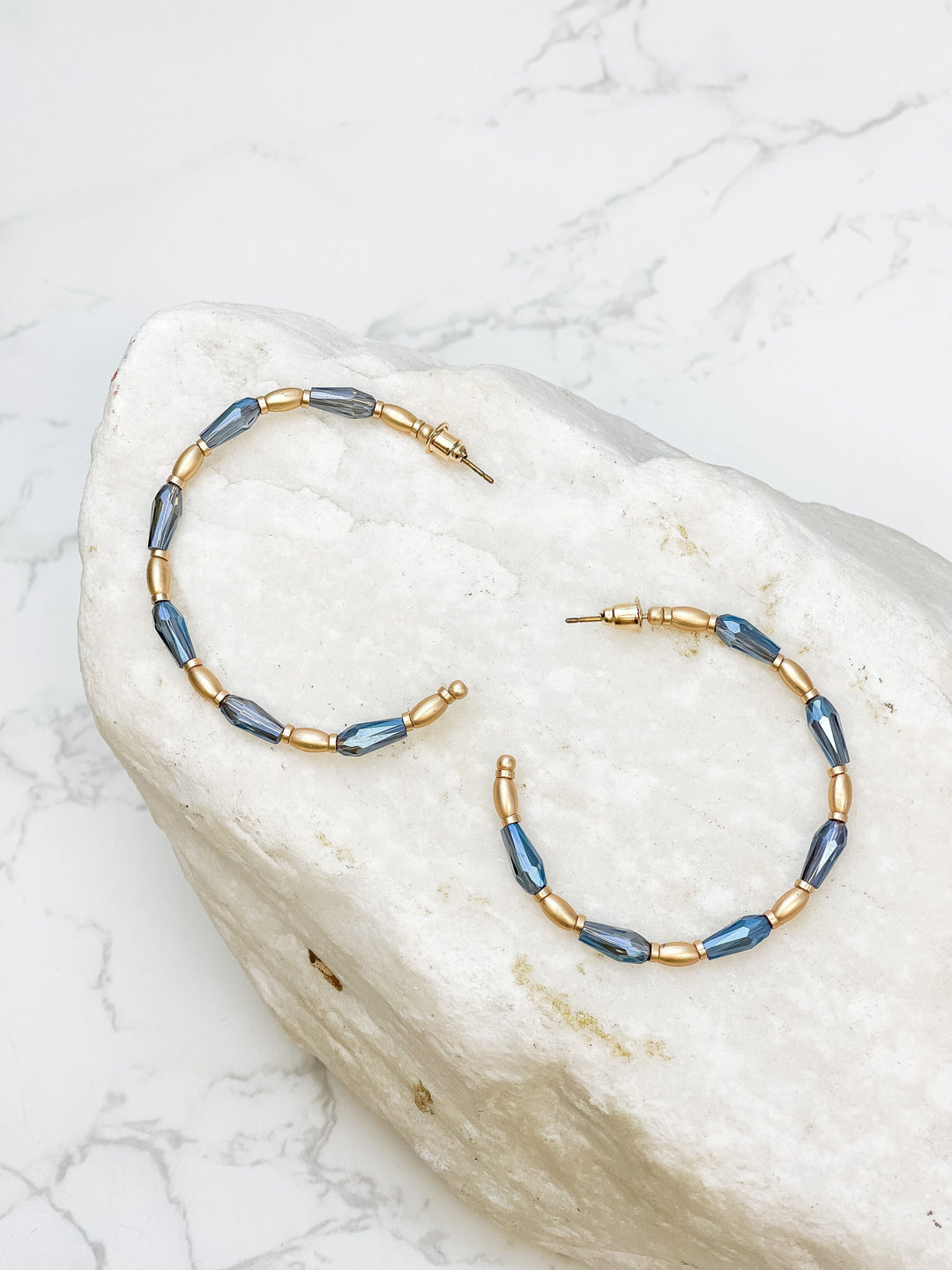 Gold Beaded Skinny Hoop Earrings - Navy