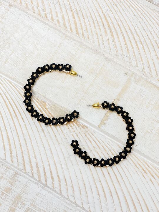 Beaded Mini Flower Lined Hoop Earrings - Black