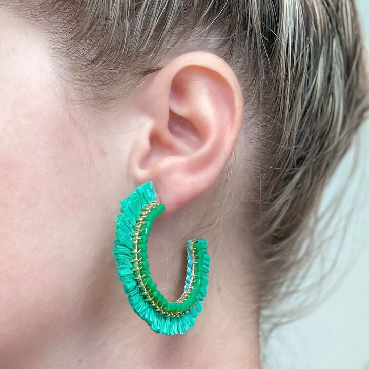 Beaded Raffia Hoop Earrings - Green