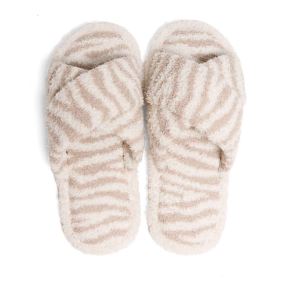 Zebra Criss Cross Fuzzy Slippers - Beige