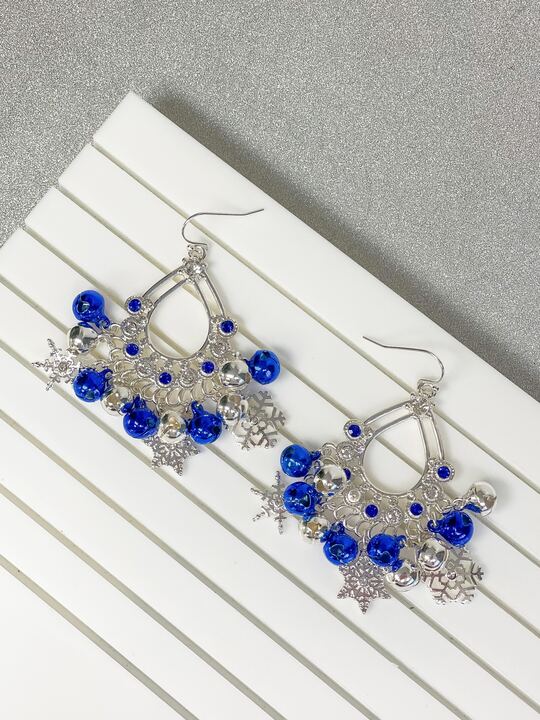 Glitzy Jingle Bell Statement Earrings - Blue & Silver