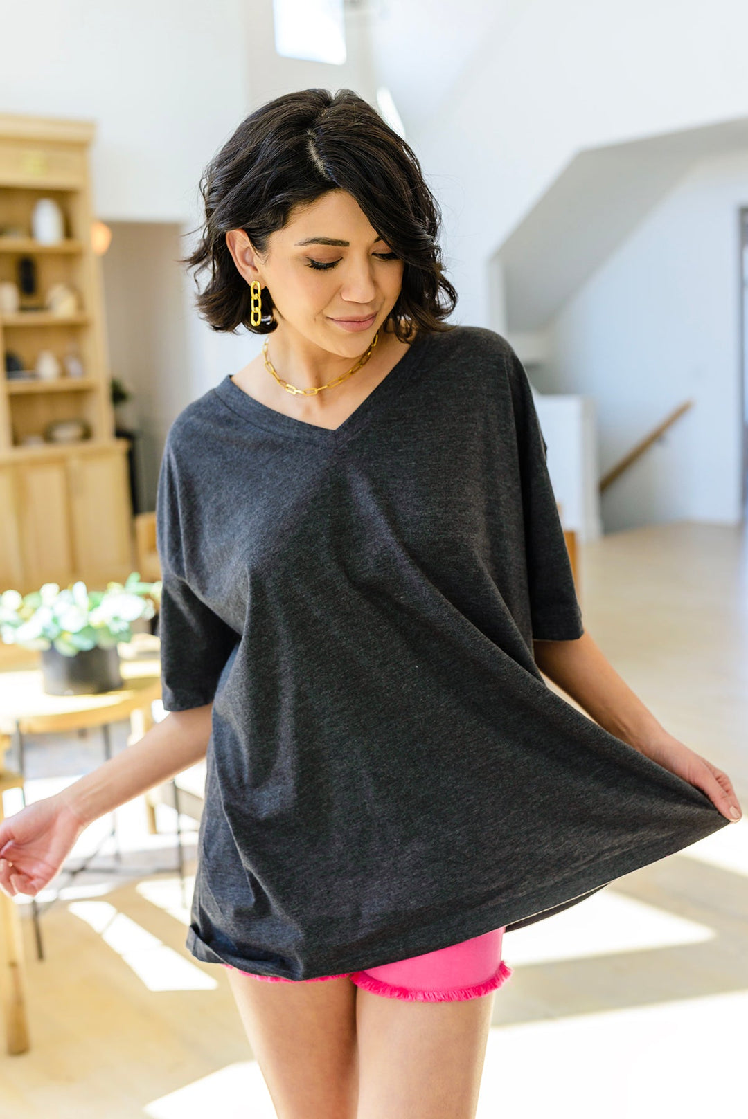 Boxy V Neck Boyfriend Tee In Charcoal (Ships in 1-2 Weeks)