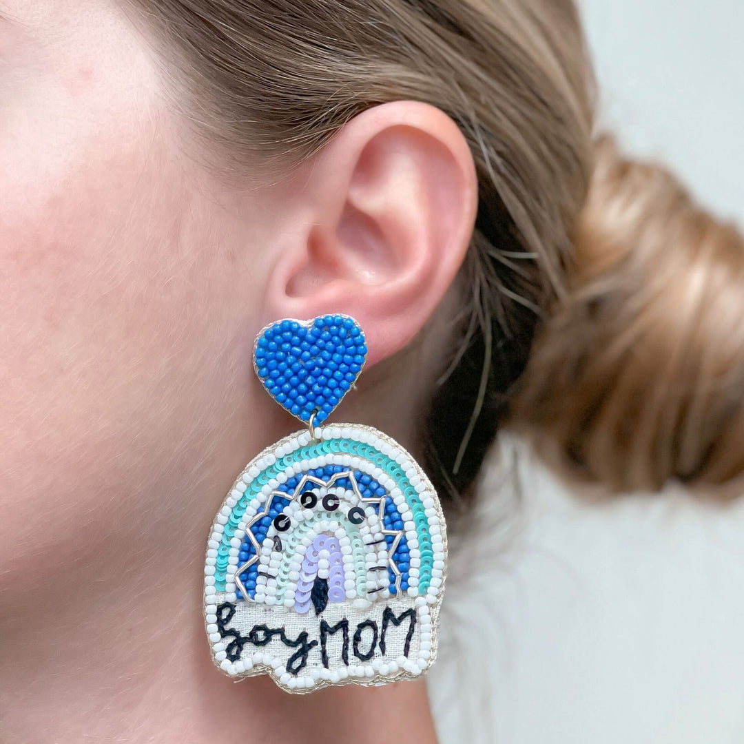 'Boy Mom' Blue Rainbow Dangle Earrings