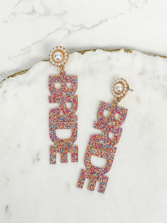 'Bride' Acrylic Glitter Dangle Earrings - Multi