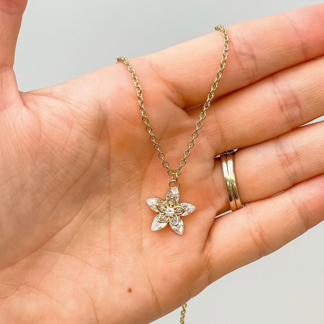 Cubic Zirconia Crystal Flower Pendant Necklace