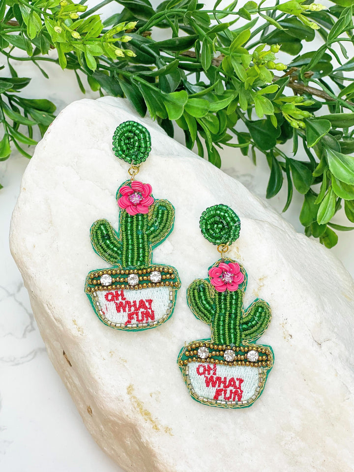 Potted Flower Cactus Beaded Dangle Earrings