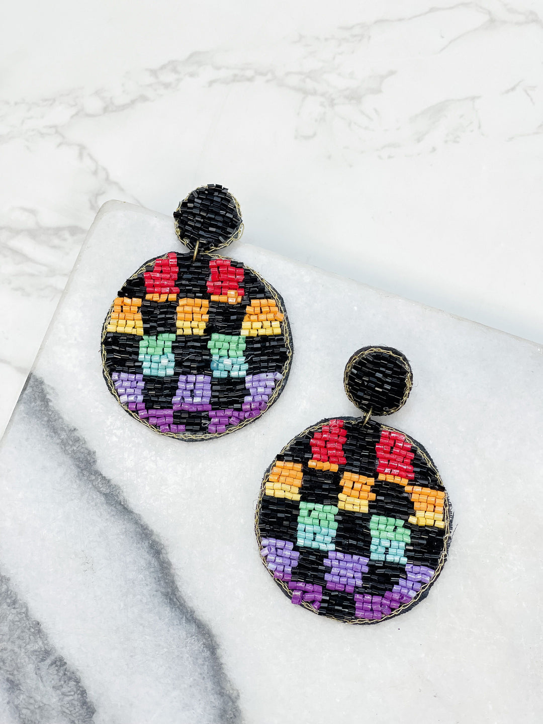 Checkered Beaded Dangled Earrings - Multi