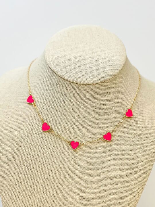 Classic Pink Heart Enamel Station Necklace