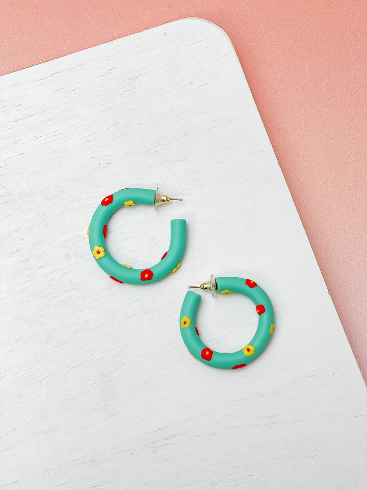 Clay Flower Hoop Earrings - Mint