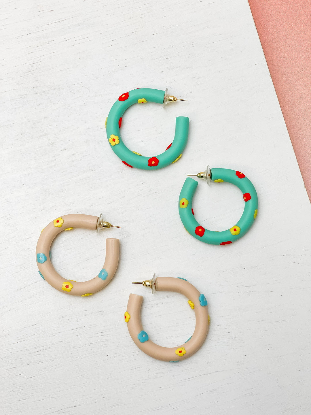 Clay Flower Hoop Earrings - Mint