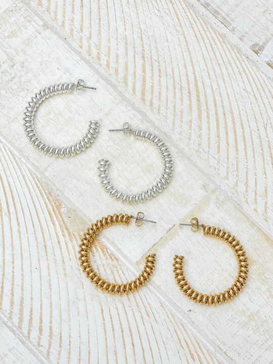 Vintage Brass Coil Hoop Earrings - Silver